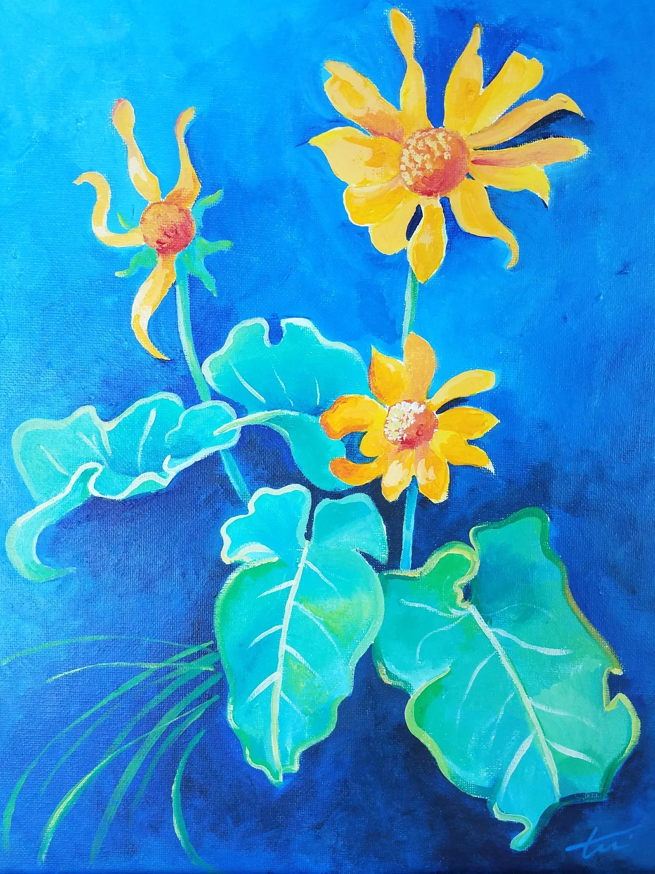 Bright yellow sunflowers with teal leaves on deep blue background in post-impressionist style